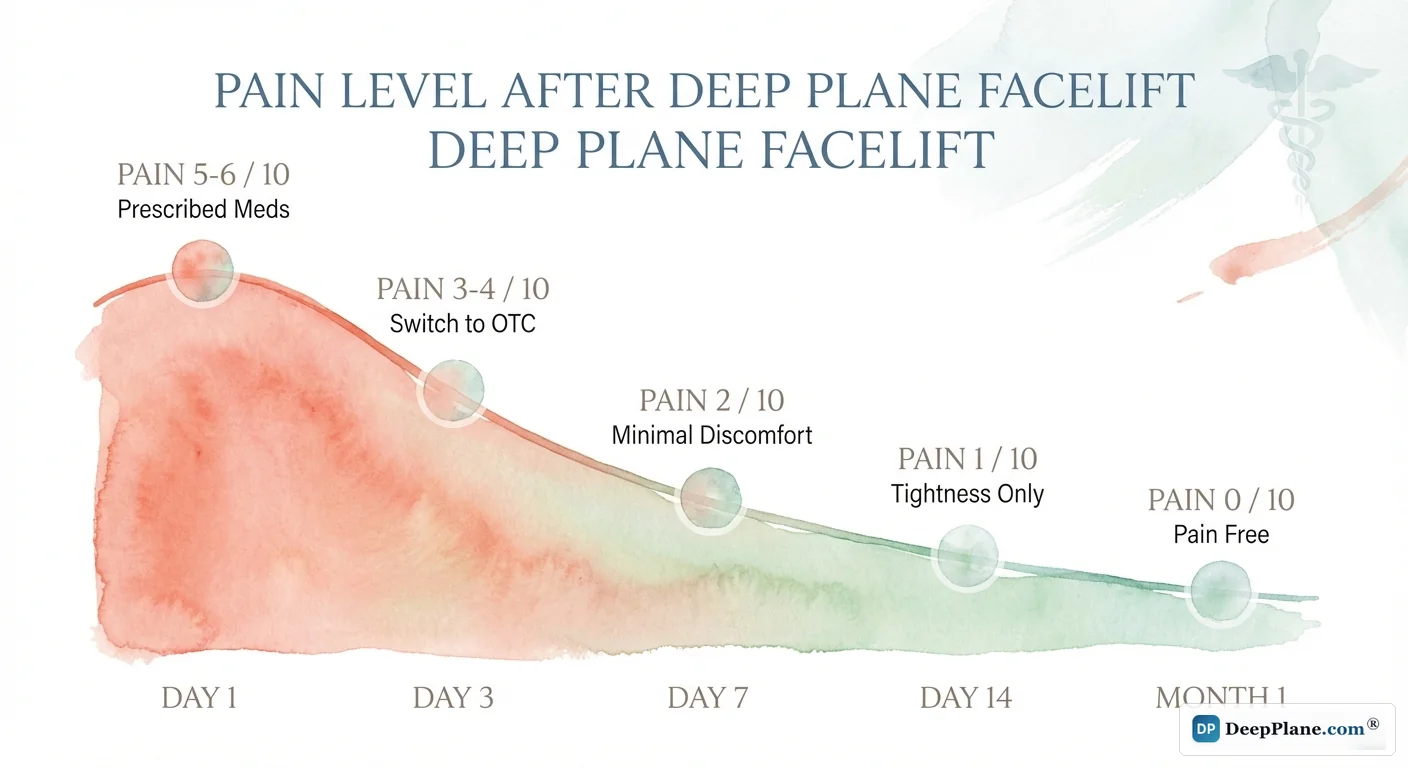 Pain level timeline after deep plane facelift showing decrease from 5-6 out of 10 at day 1 to pain-free by month 1