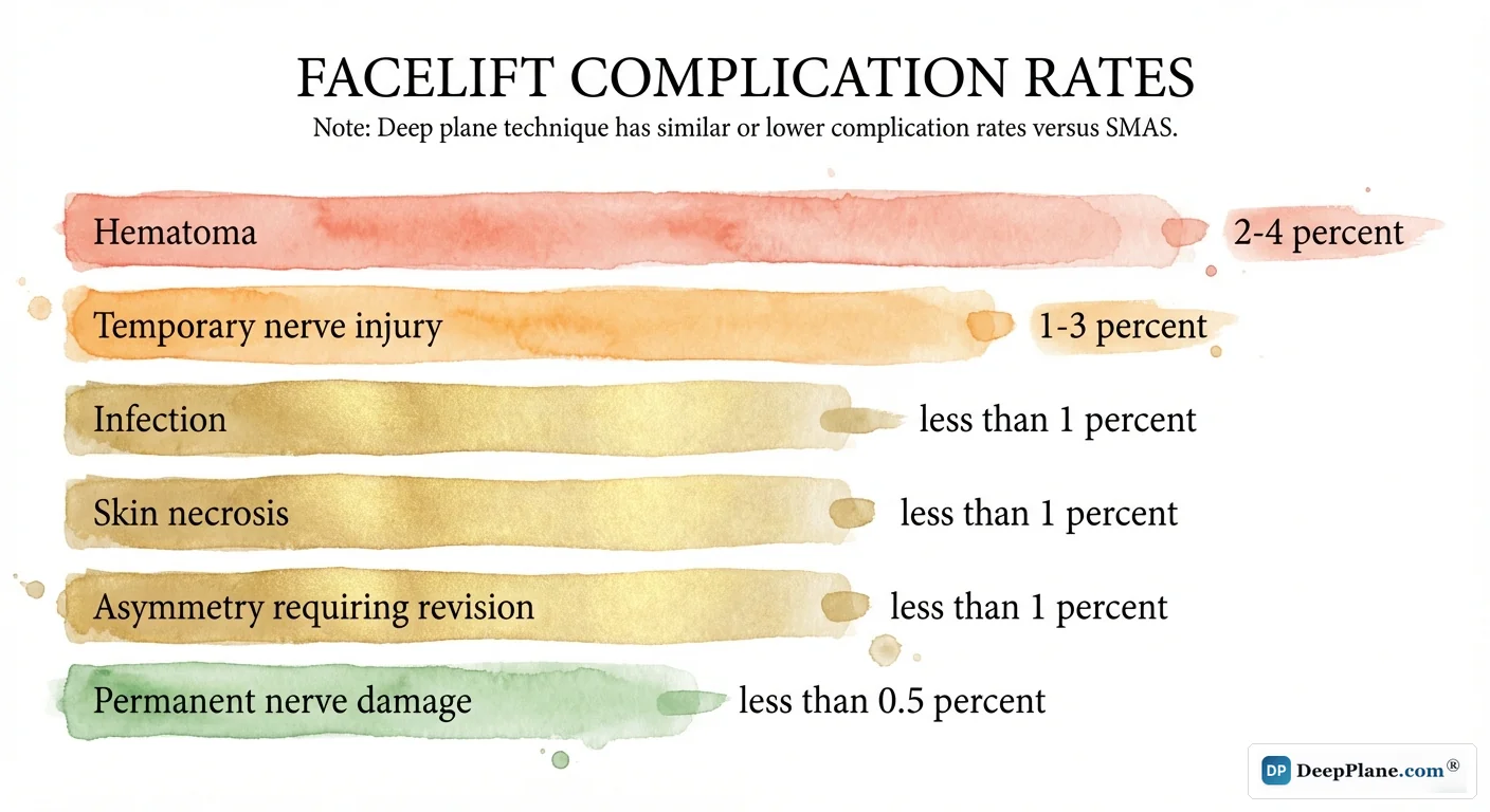 Facelift complication rates bar chart showing hematoma at 2-4%, temporary nerve injury 1-3%, infection and skin necrosis under 1%