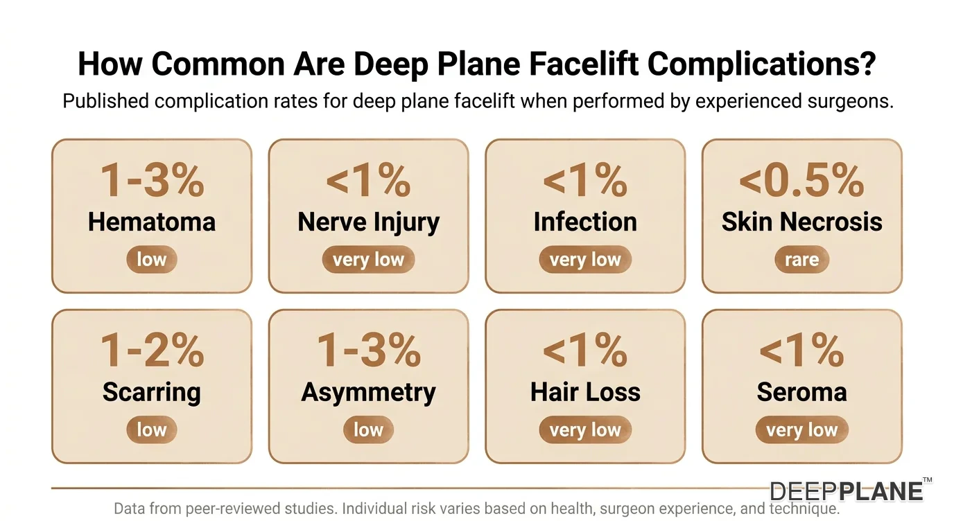 Facelift complication rates bar chart showing hematoma at 2-4%, temporary nerve injury 1-3%, infection and skin necrosis under 1%