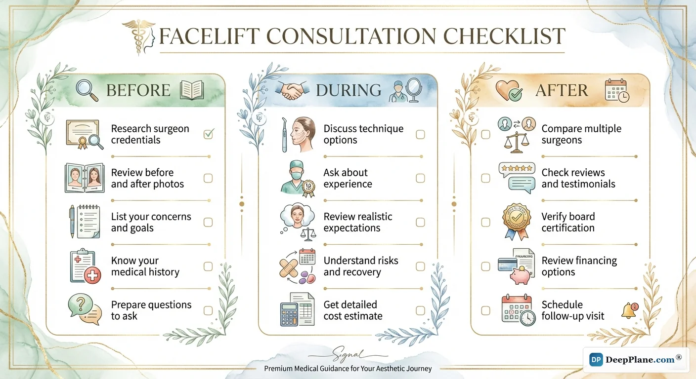 Facelift consultation preparation checklist covering before, during, and after consultation steps
