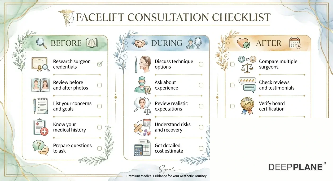 Checkliste zur Vorbereitung der Facelift-Beratung, die Schritte vor, während und nach der Beratung abdeckt.