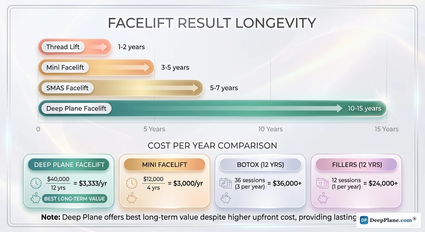 Facelift result longevity comparison: thread lift 1-2 years, mini facelift 3-5 years, SMAS 5-7 years, deep plane 10-15 years