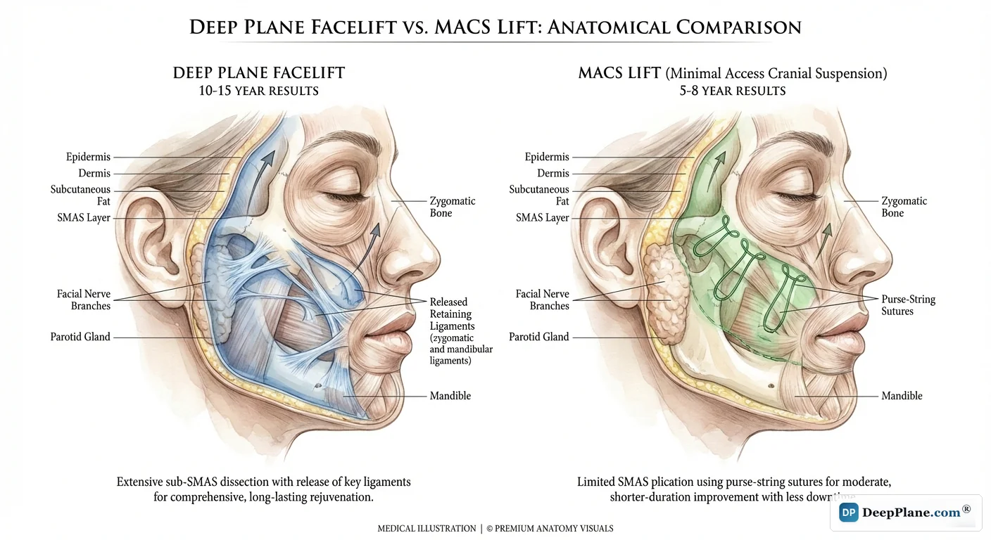 Deep plane facelift versus MACS lift comparison showing deeper tissue repositioning with deep plane versus purse-string suture approach of MACS