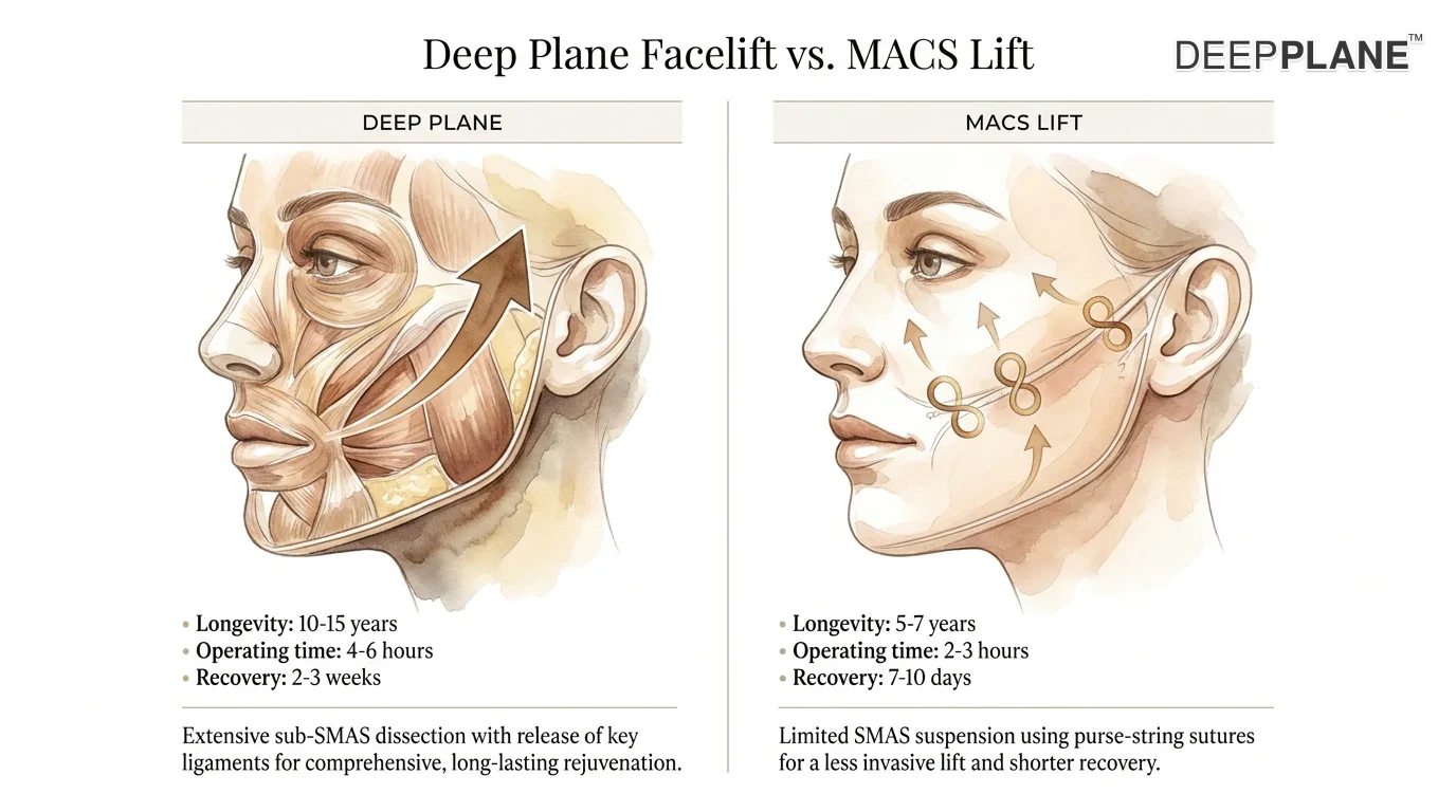 Deep plane facelift versus MACS lift comparison showing deeper tissue repositioning with deep plane versus purse-string suture approach of MACS