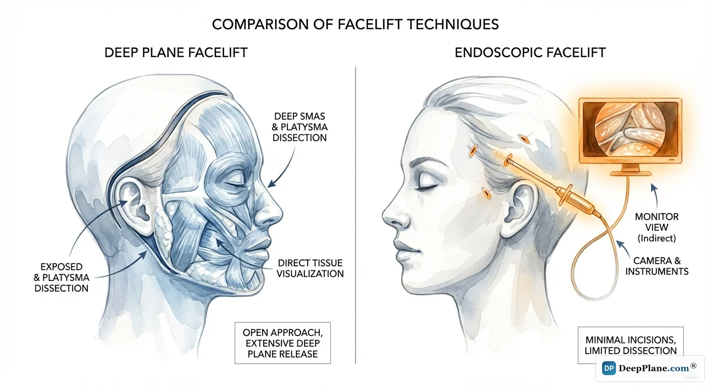 Deep plane facelift versus endoscopic facelift comparison showing open surgical approach with direct visualization versus camera-assisted minimal incisions