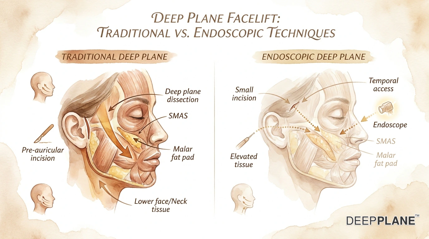 Deep plane facelift versus endoscopic facelift comparison showing the open surgical approach with direct visualization against the camera-assisted endoscopic technique.