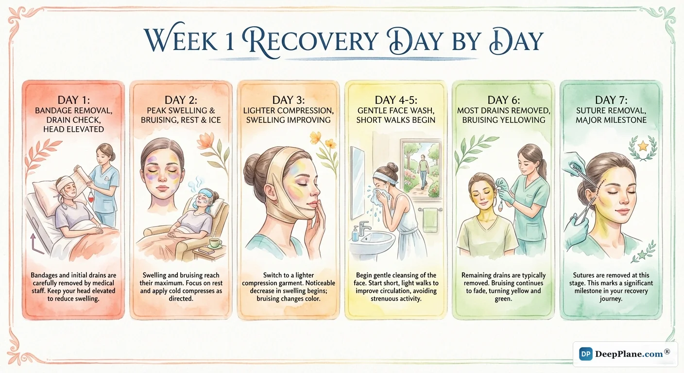Week 1 recovery day-by-day guide from bandage removal through suture removal showing daily milestones and swelling progression