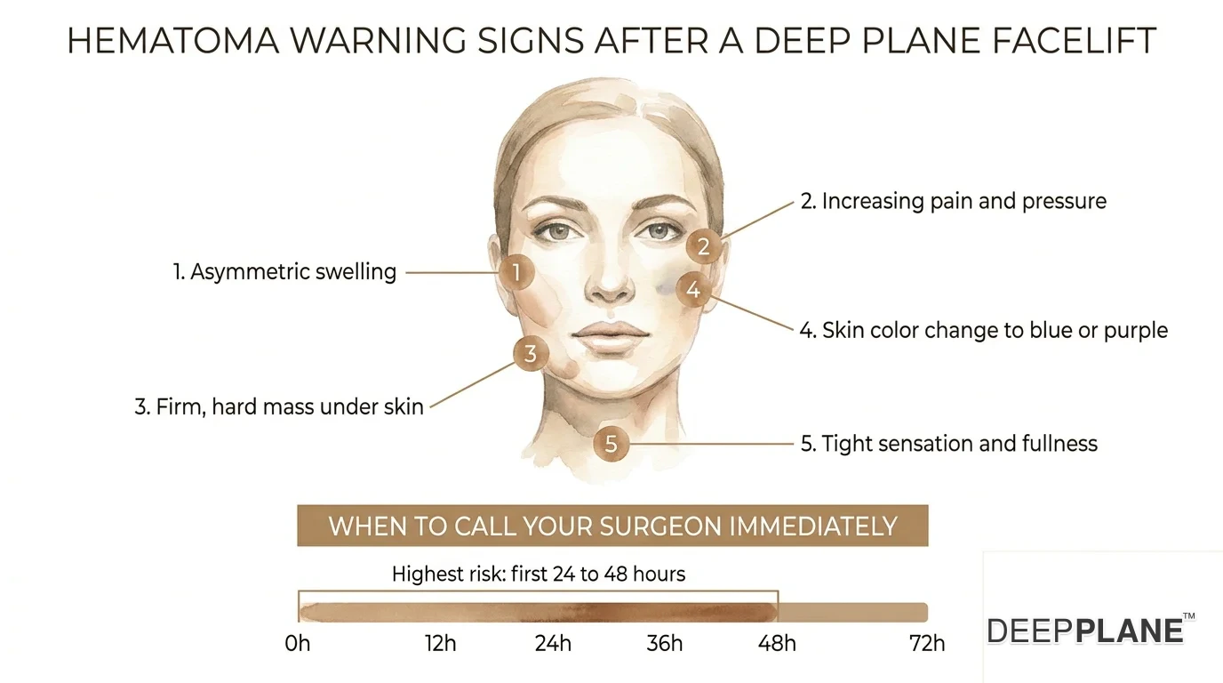 Hematoma warning signs after facelift: asymmetric swelling, increasing pain, firm mass under skin, skin discoloration, and feeling of tightness