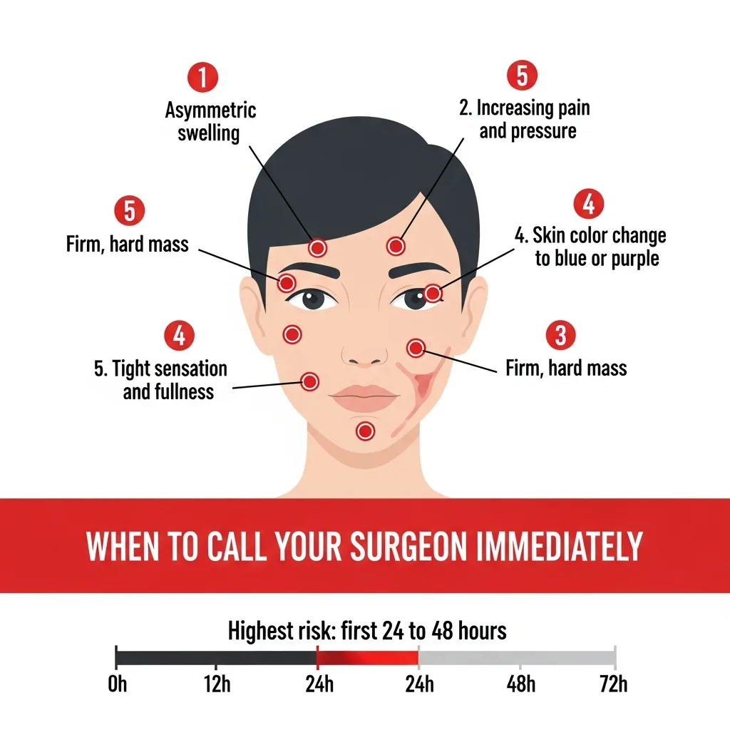 Hematoma warning signs after facelift: asymmetric swelling, increasing pain, firm mass under skin, skin discoloration, and feeling of tightness