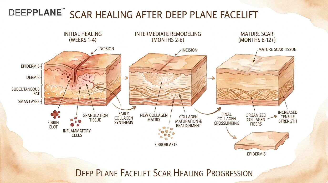 Facelift scar healing stages from fresh pink incision at week 1 through red raised scar to nearly invisible white mature scar at month 12