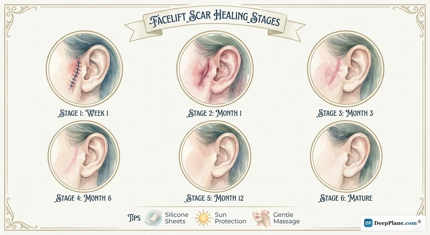 Facelift scar healing stages from fresh pink incision at week 1 through red raised scar to nearly invisible white mature scar at month 12