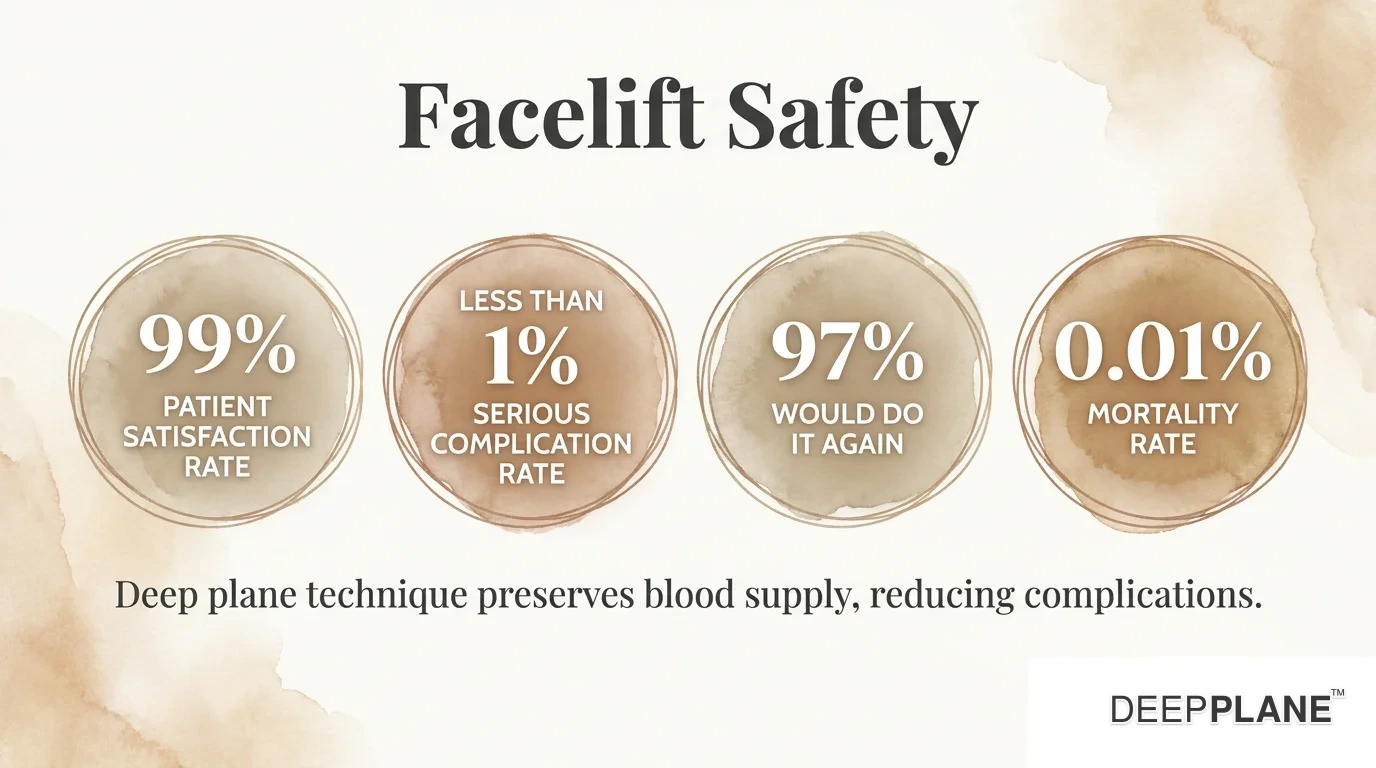 Στατιστικά ασφάλειας facelift: 99% ικανοποίηση ασθενών, λιγότερο από 1% σοβαρές επιπλοκές, 97% θα το έκαναν ξανά