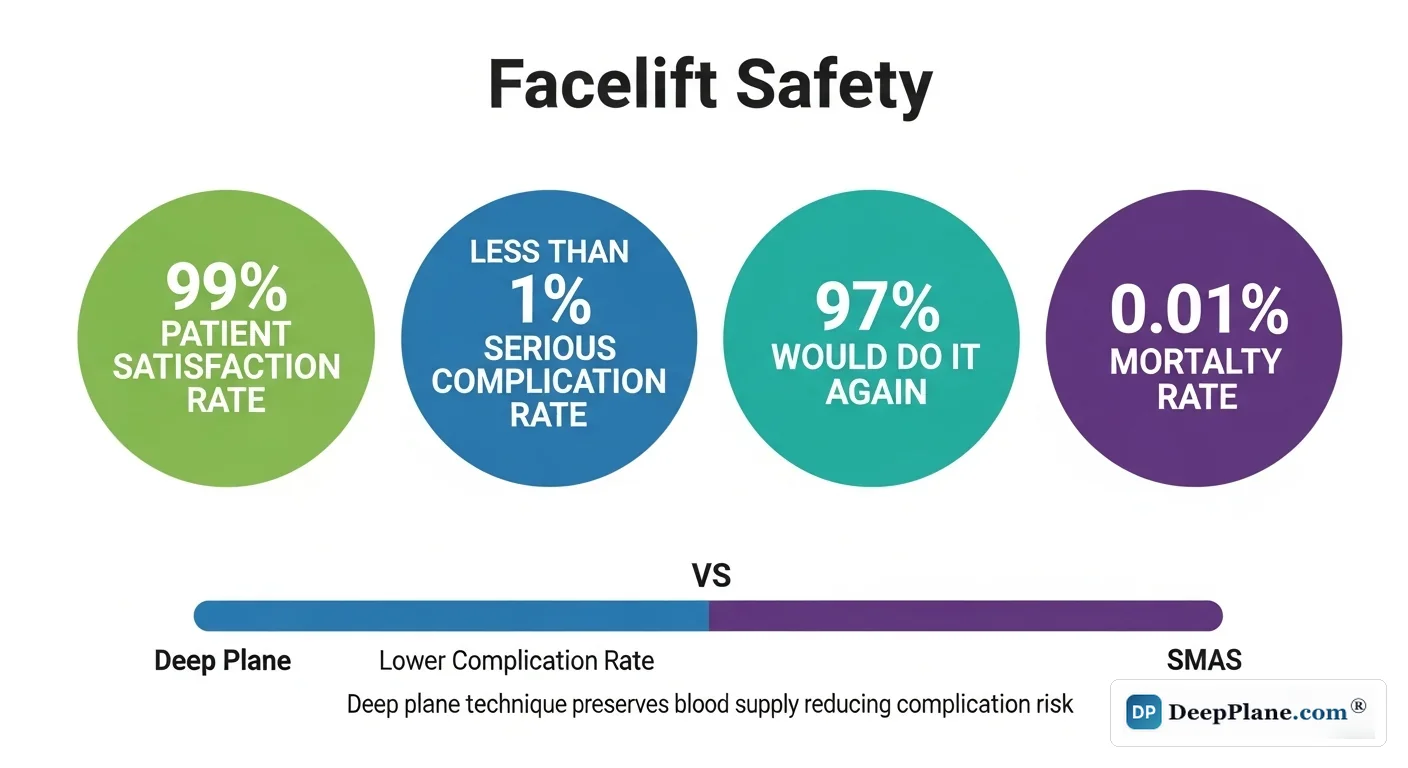Facelift safety statistics: 99% patient satisfaction, less than 1% serious complications, 97% would do it again