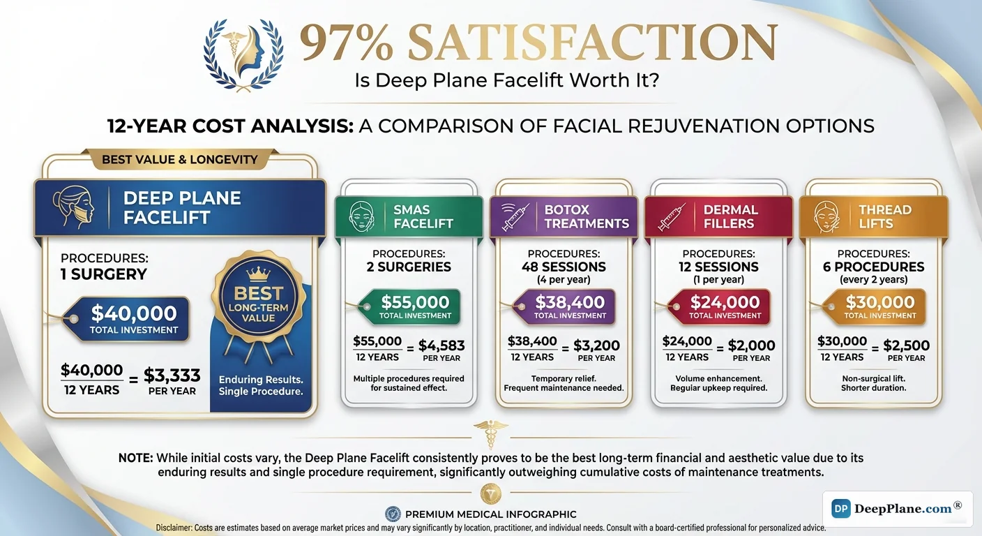 Deep plane facelift return on investment analysis comparing cost per year versus alternatives like Botulinum toxin, fillers, and thread lifts