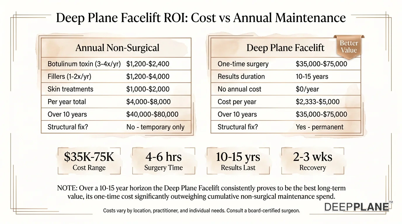 Ανάλυση απόδοσης επένδυσης deep plane facelift συγκρίνοντας το κόστος ανά έτος έναντι εναλλακτικών όπως η τοξίνη αλλαντίασης, τα fillers και τα νήματα ανόρθωσης
