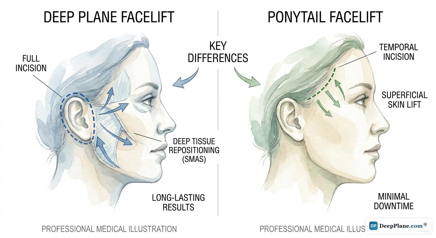 Deep plane facelift versus ponytail facelift comparison showing comprehensive tissue repositioning versus skin-only temporal lift