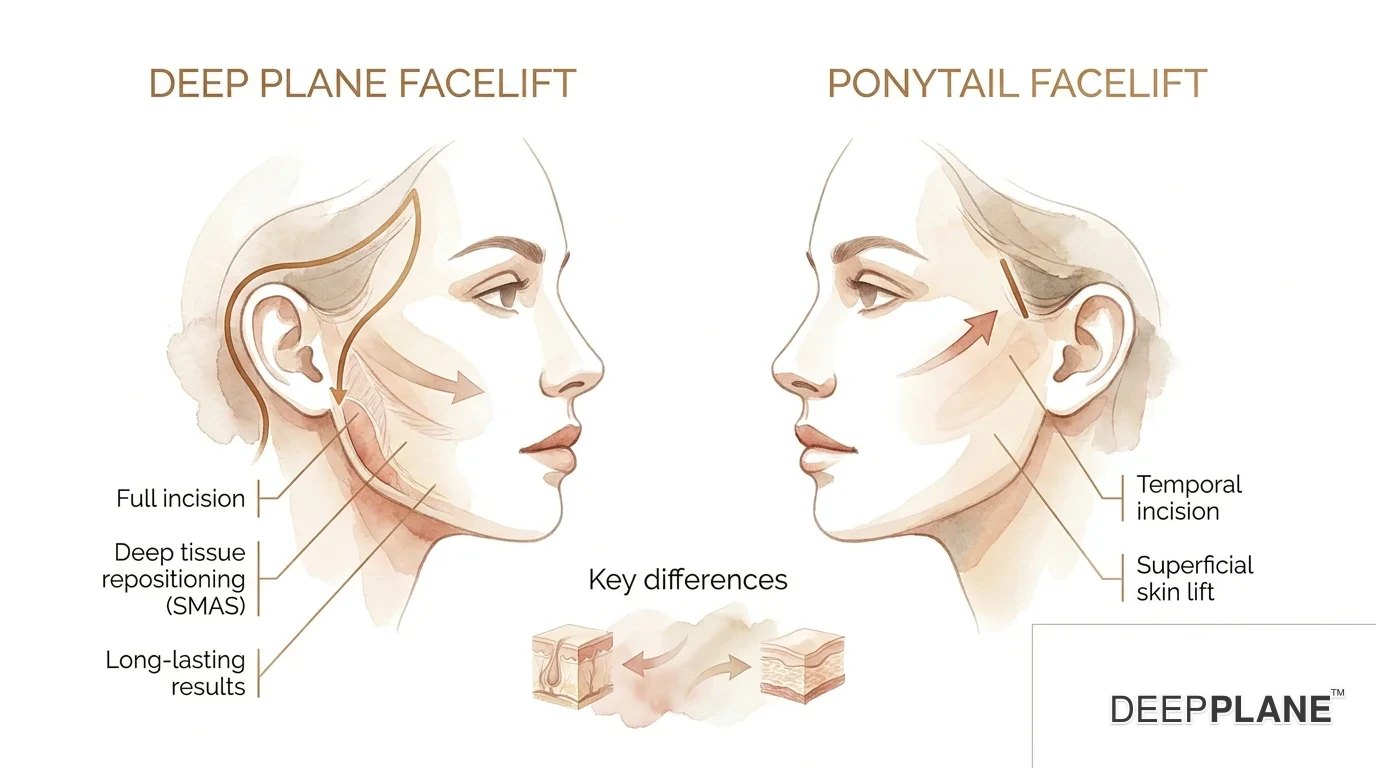 Deep plane facelift versus ponytail facelift comparison showing comprehensive tissue repositioning versus skin-only temporal lift