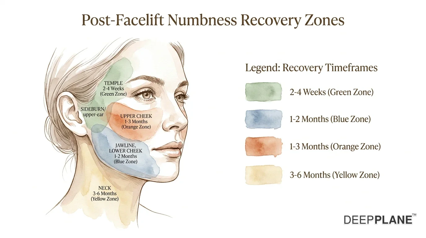 Post-facelift numbness zones showing recovery timeline: ear area 2-4 weeks, cheek 1-3 months, neck 3-6 months