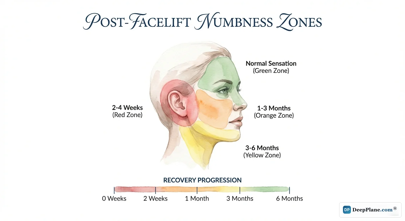 Post-facelift numbness zones showing recovery timeline: ear area 2-4 weeks, cheek 1-3 months, neck 3-6 months