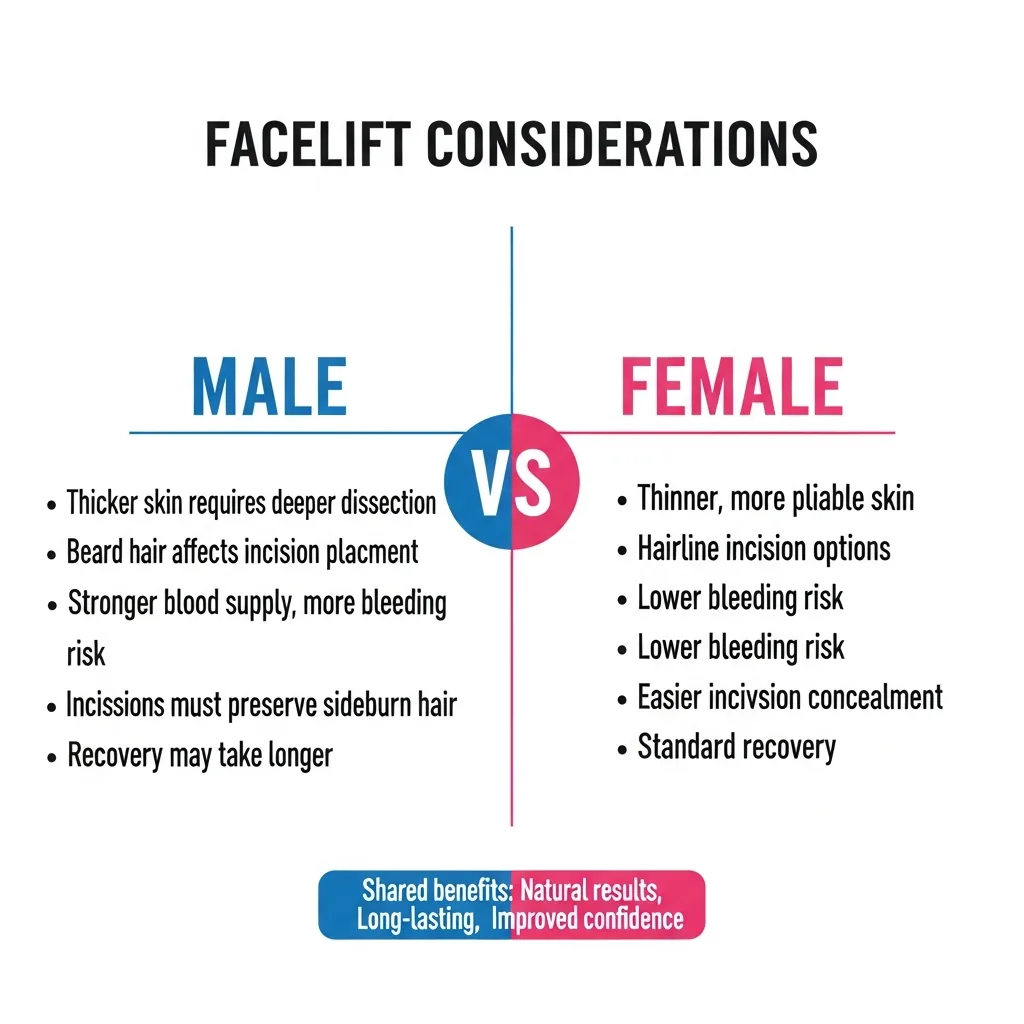 Male versus female facelift considerations comparing skin thickness, incision placement, bleeding risk, and recovery differences