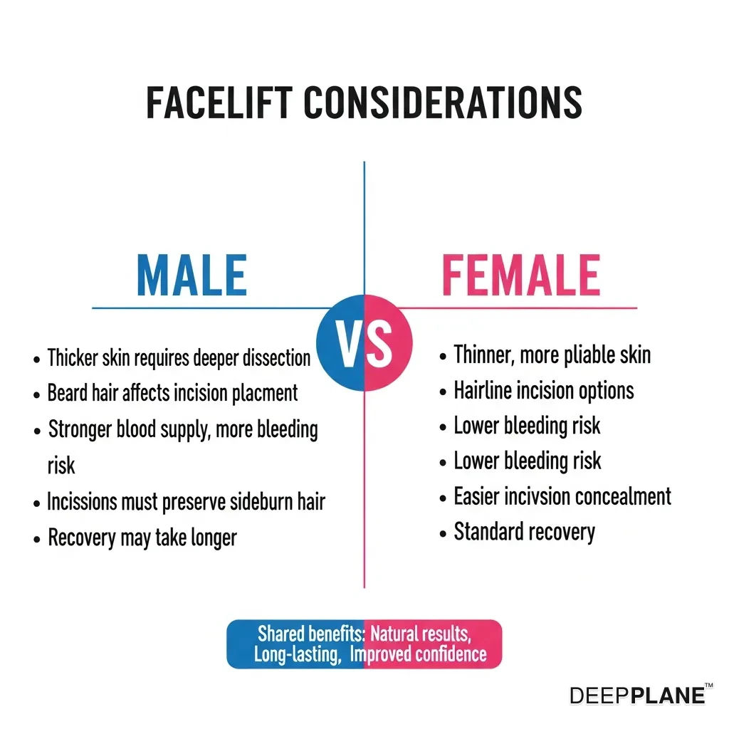 Male versus female facelift considerations comparing skin thickness, incision placement, bleeding risk, and recovery differences