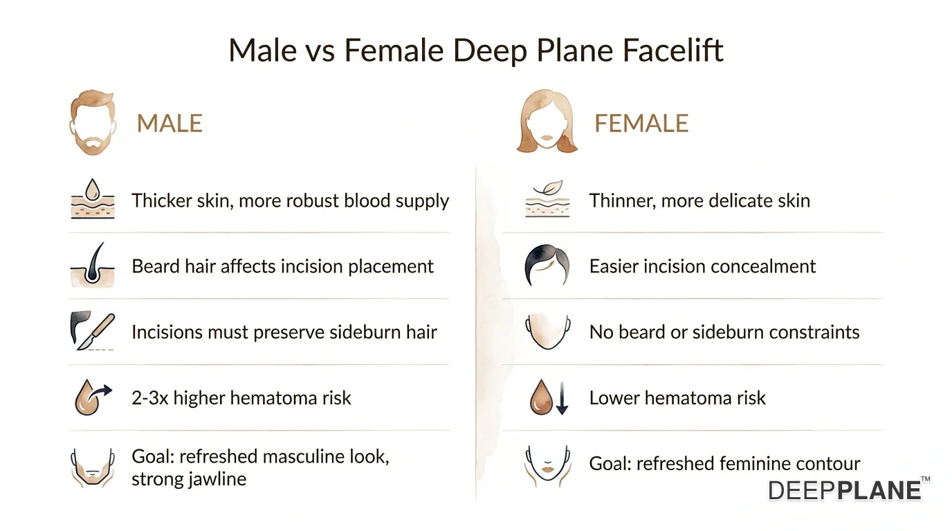 Male versus female facelift considerations comparing skin thickness, incision placement, bleeding risk, and result goals.