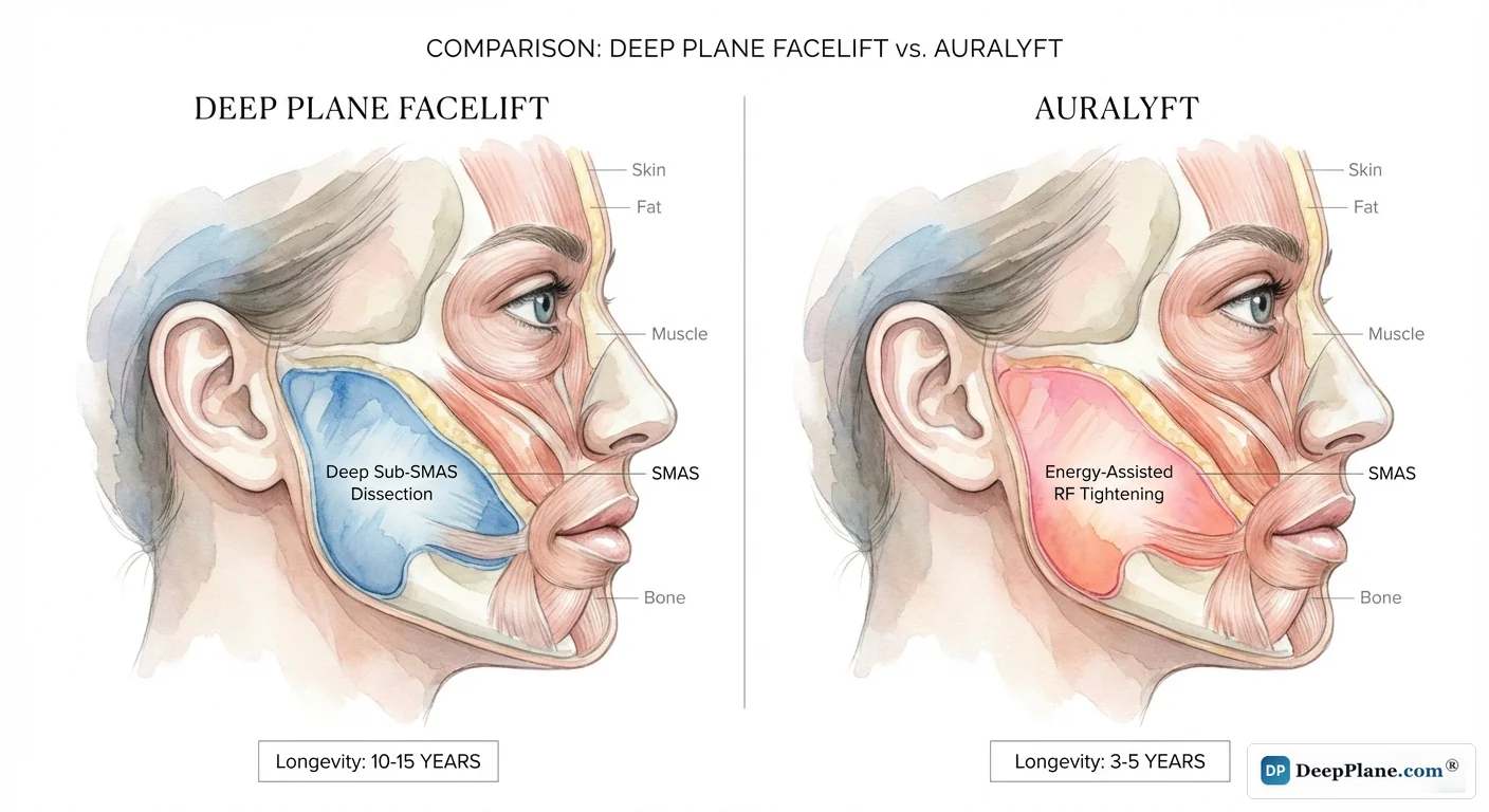 Deep plane facelift versus Auralyft comparison showing deep tissue repositioning versus energy-assisted tightening approach