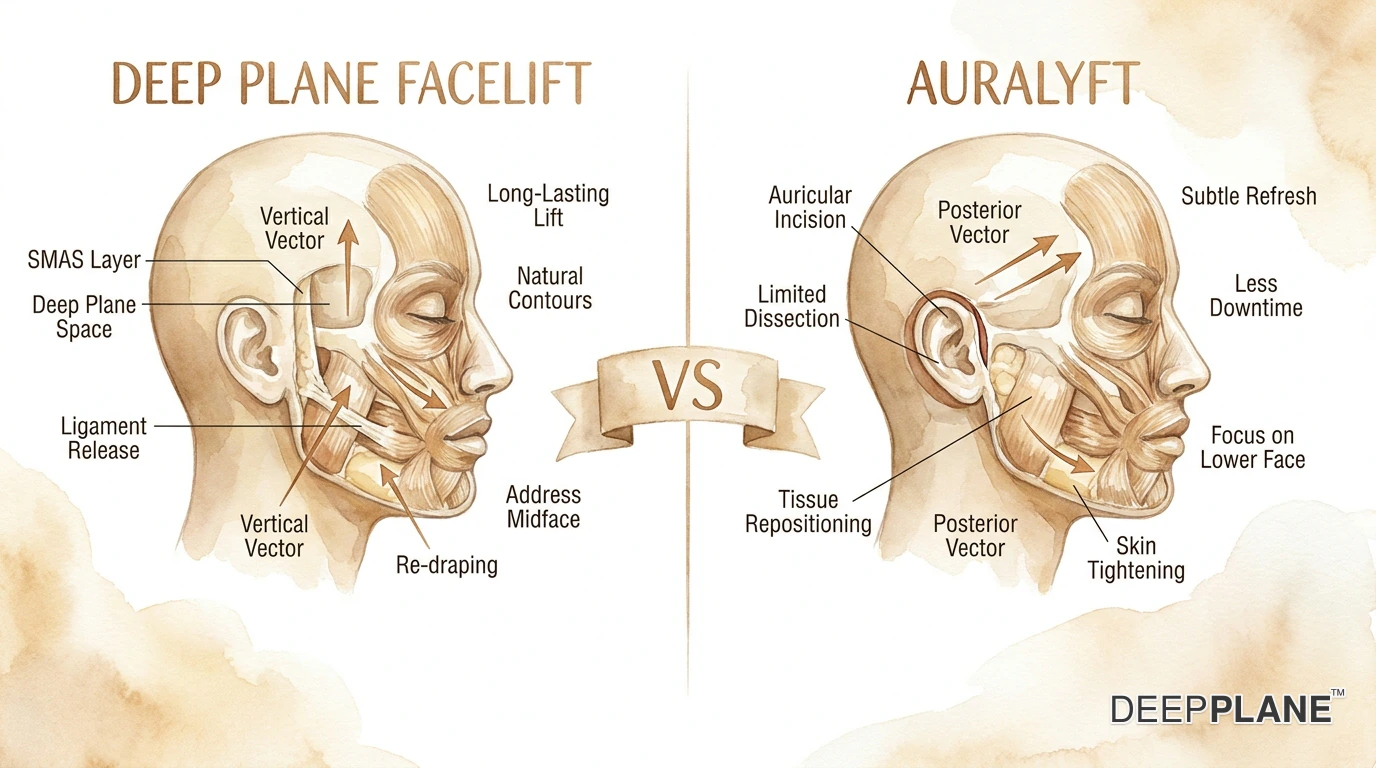 Deep plane facelift versus Auralyft comparison showing deep tissue repositioning versus energy-assisted tightening approach
