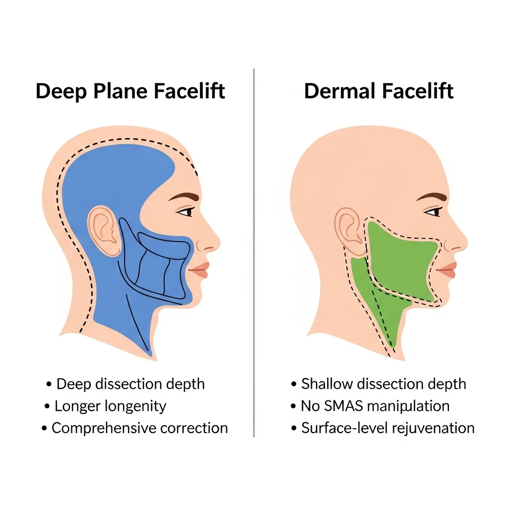 Deep plane facelift versus dermal facelift comparison showing sub-SMAS dissection versus skin-level treatment