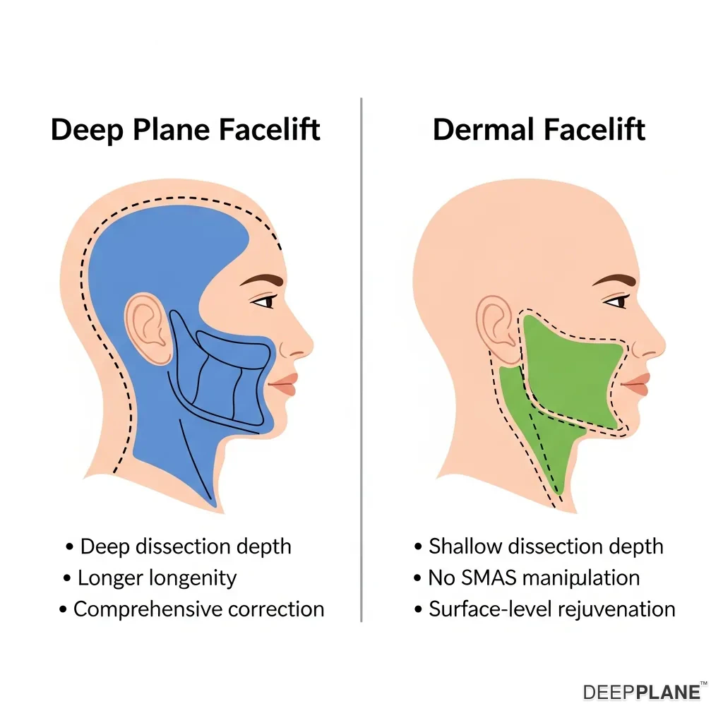 Deep plane facelift versus dermal facelift comparison showing sub-SMAS dissection versus skin-level treatment