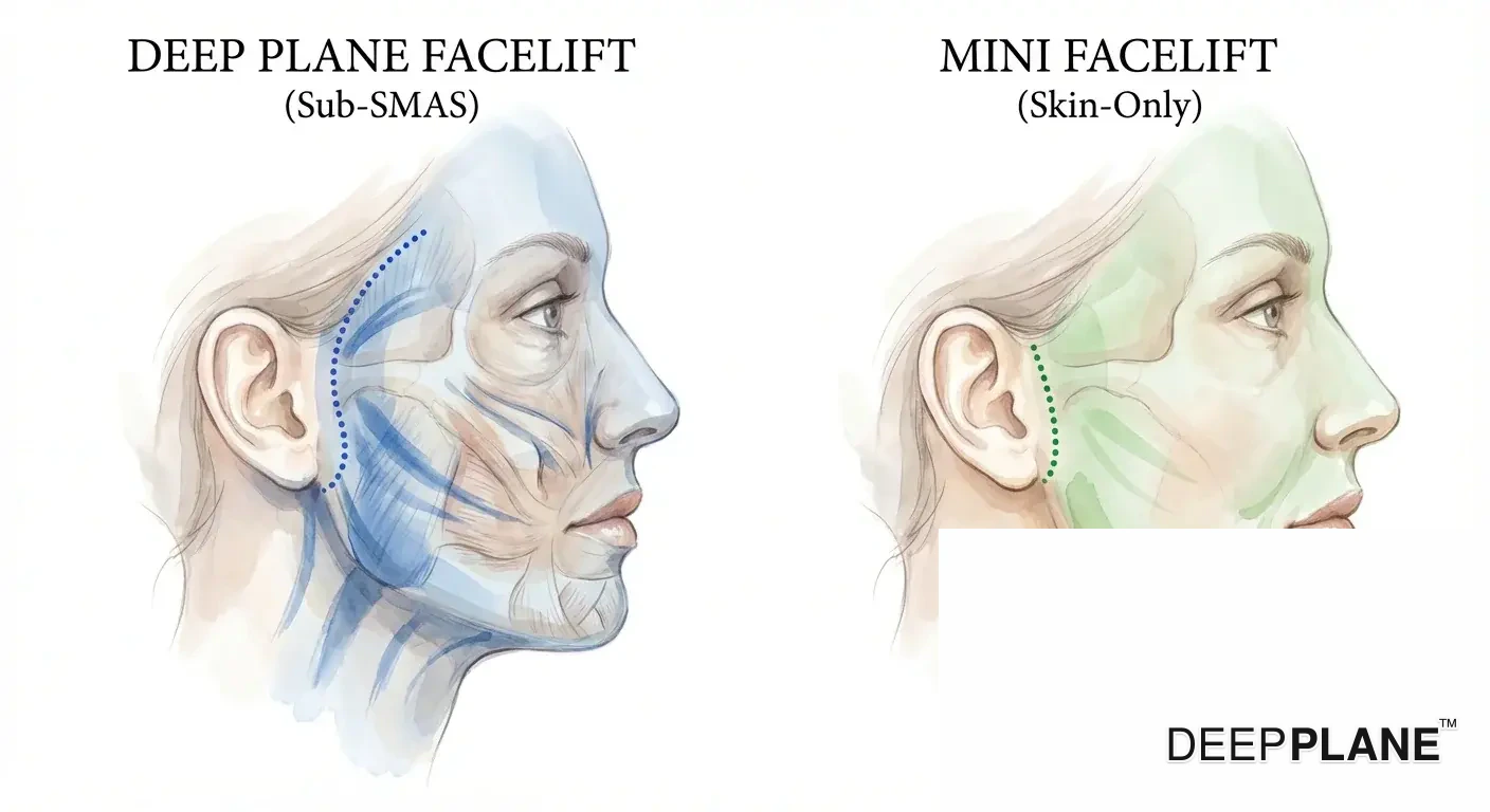 Mini deep plane facelift versus full deep plane: coverage area, surgery time, and recovery comparison