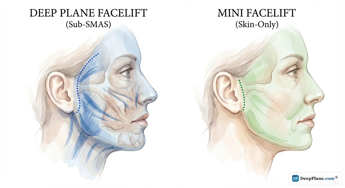 Mini deep plane facelift versus full deep plane: coverage area, surgery time, and recovery comparison