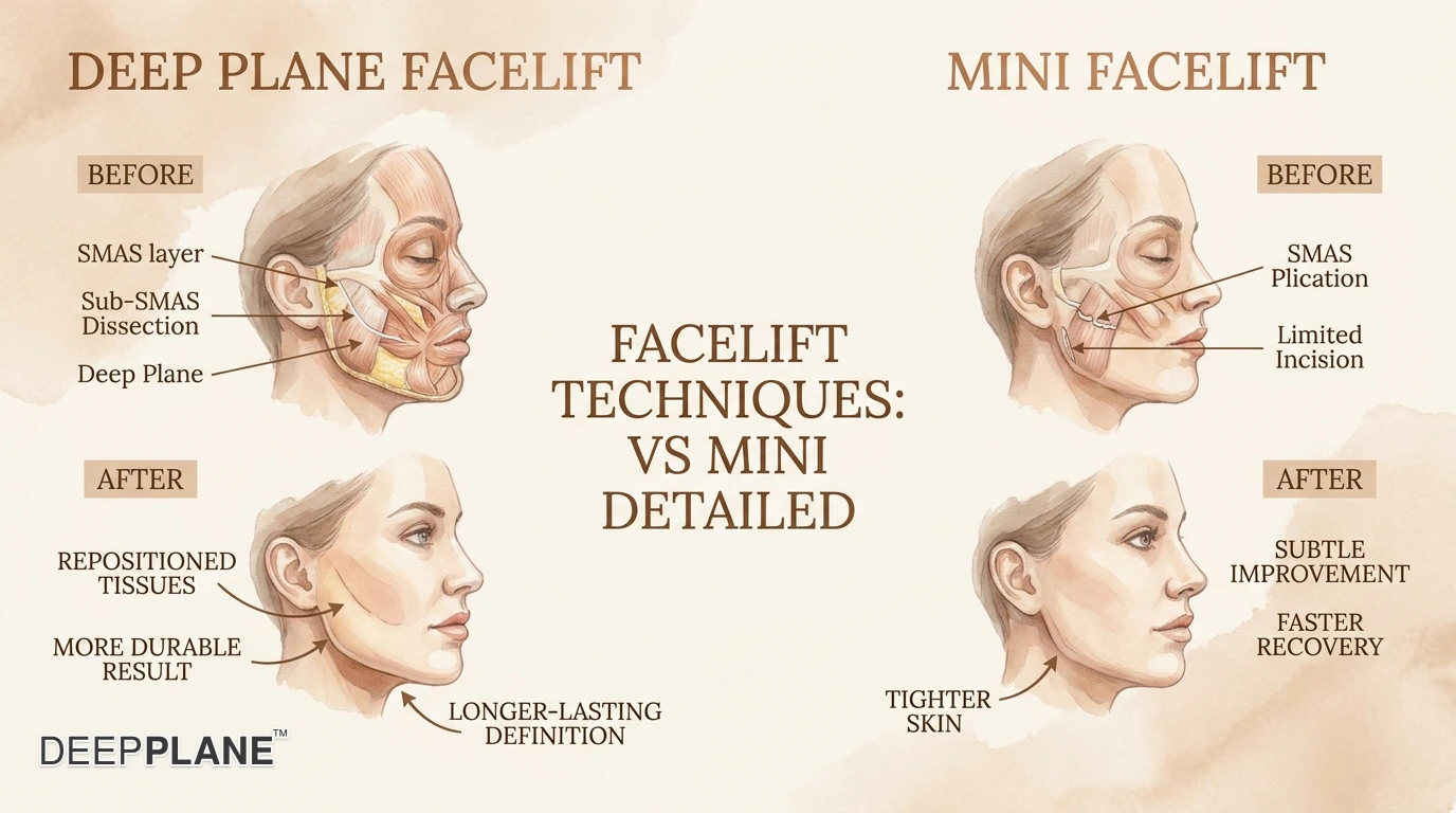 Mini deep plane facelift versus full deep plane: coverage area, surgery time, and recovery comparison