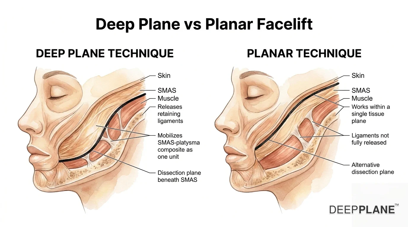 Deep plane versus planar facelift technique comparison showing different surgical dissection planes