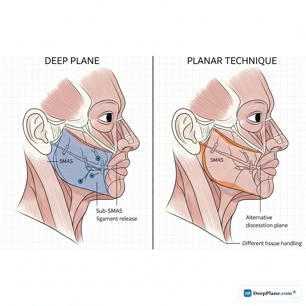 Deep plane versus planar facelift technique comparison showing different surgical dissection planes