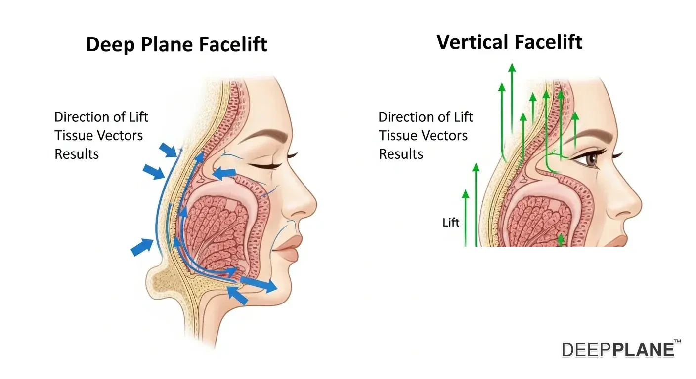 Deep plane versus vertical facelift comparison showing lateral tissue vectors versus purely vertical lift direction