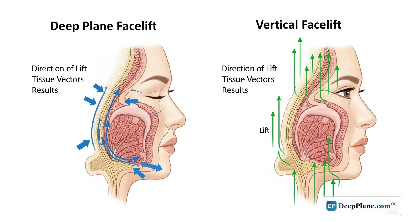 Deep plane versus vertical facelift comparison showing lateral tissue vectors versus purely vertical lift direction