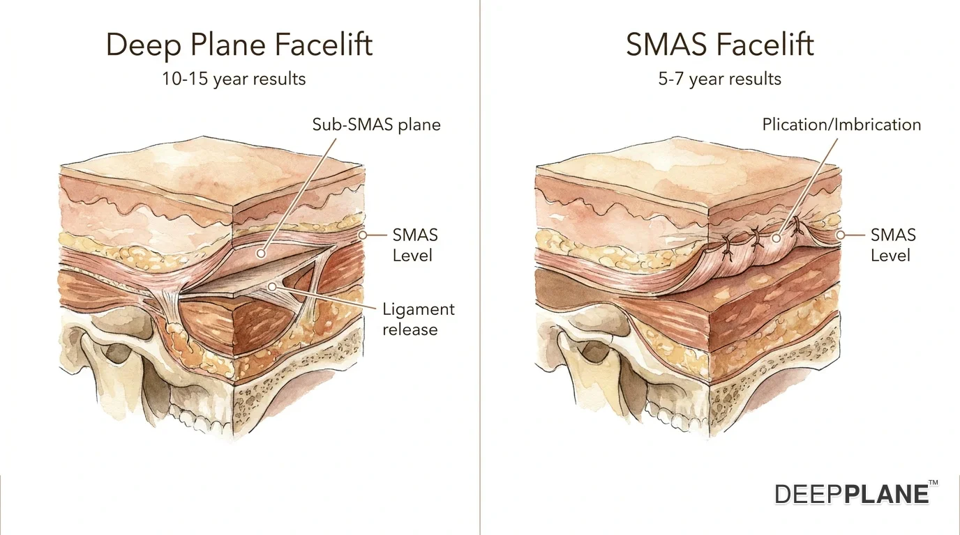 Deep plane versus SMAS facelift cross-section showing sub-SMAS dissection with ligament release versus SMAS-level plication