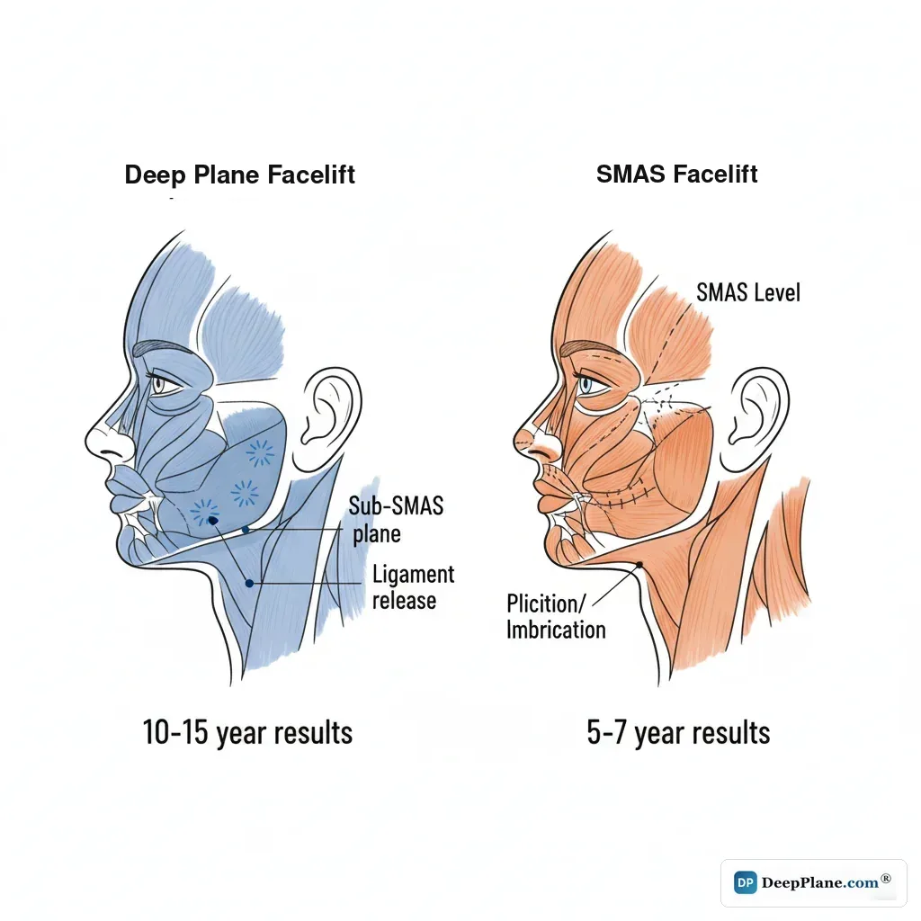 Deep plane versus SMAS facelift cross-section showing sub-SMAS dissection with ligament release versus SMAS-level plication