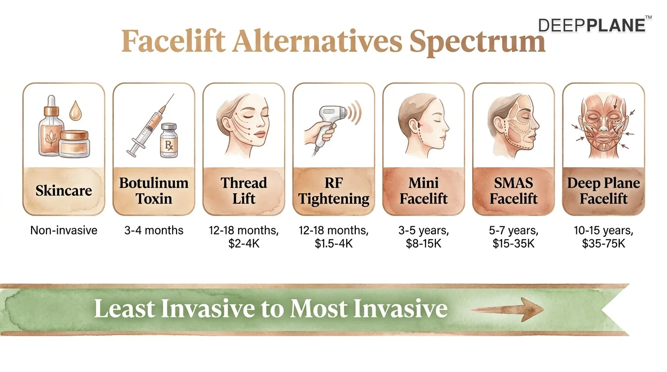 Facelift alternatives spectrum from least to most invasive: skincare, Botulinum toxin, thread lift, RF tightening, mini, SMAS, and deep plane facelift