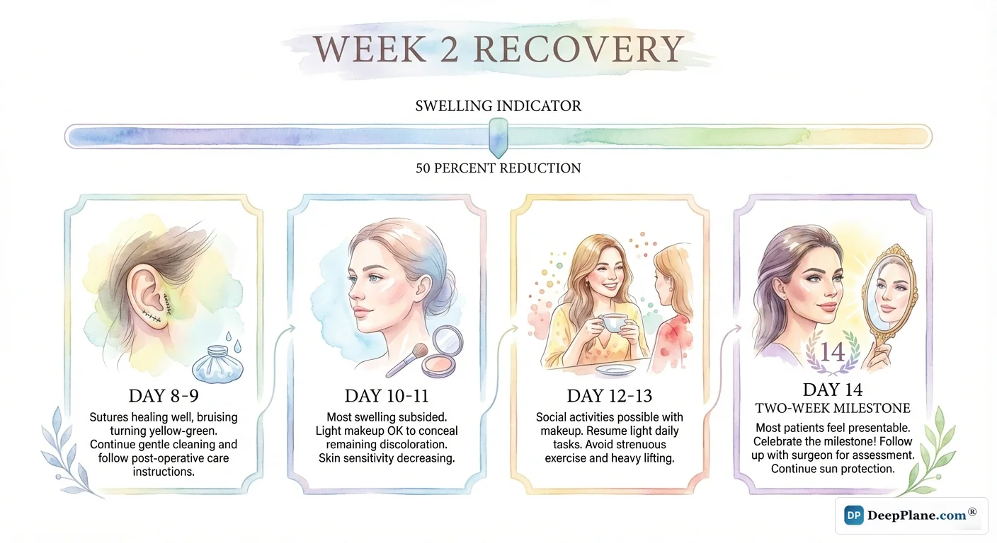 Week 2 facelift recovery showing daily progress from suture healing through bruising fading to social readiness by day 14