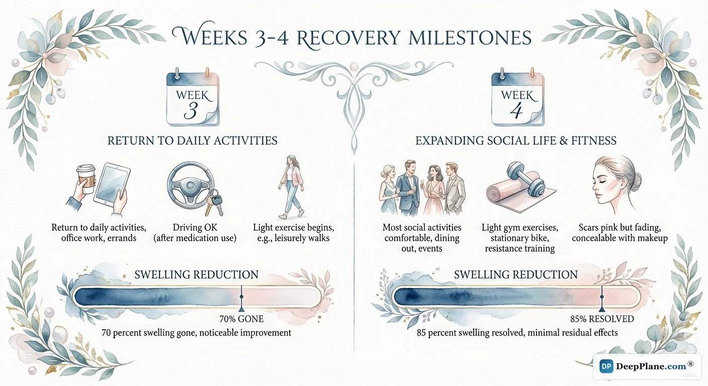 Weeks 3-4 facelift recovery showing return to normal activities, light exercise, 70% swelling resolved, and scars beginning to fade