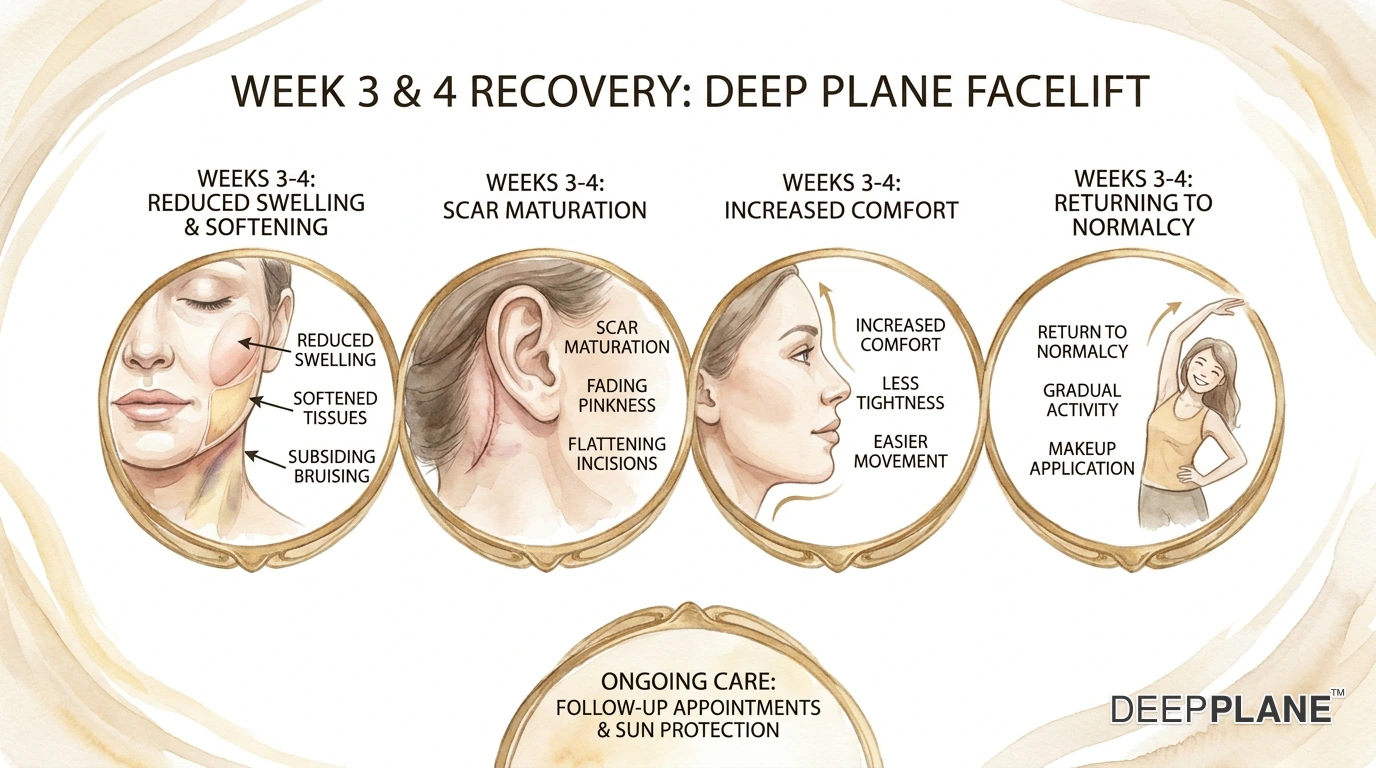 Weeks 3-4 facelift recovery showing return to normal activities, light exercise, 70% swelling resolved, and scars beginning to fade