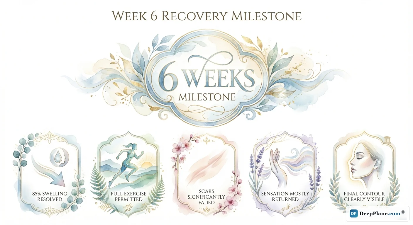 Week 6 facelift recovery milestone showing 85% swelling resolved, full exercise allowed, scars maturing, and final contour becoming visible