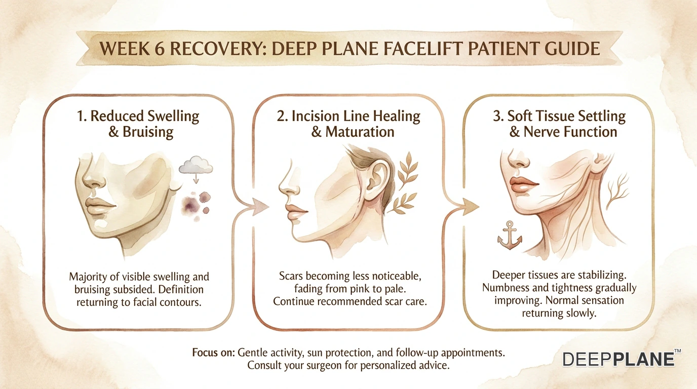 Week 6 facelift recovery milestone showing 85% swelling resolved, full exercise allowed, scars maturing, and final contour becoming visible