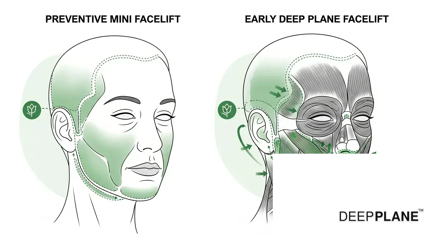 Facelift candidacy for patients in their 30s-40s showing early aging signs: mild jowling, early nasolabial folds, and slight skin laxity