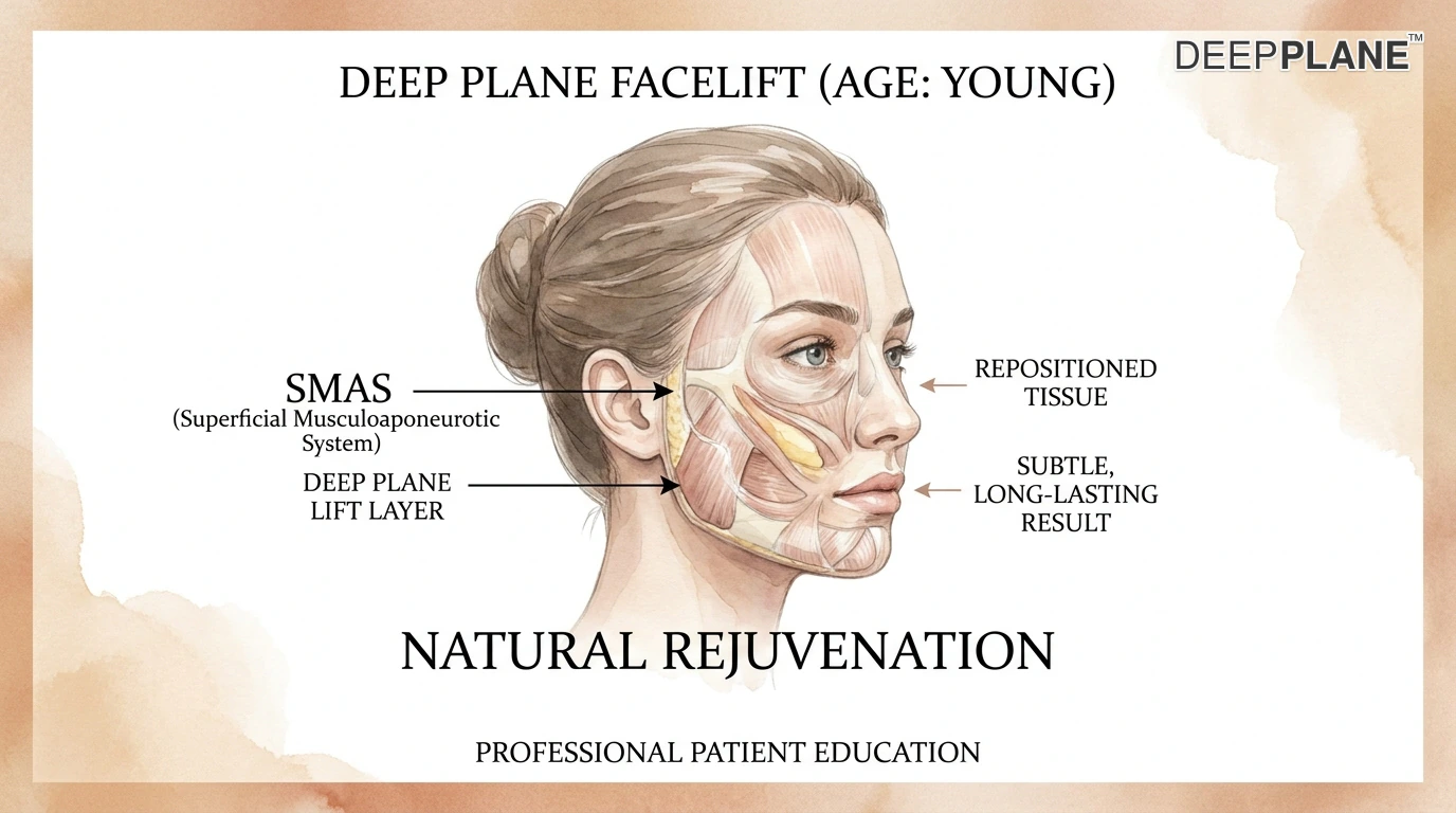 Facelift candidacy for patients in their 30s-40s showing early aging signs: mild jowling, early nasolabial folds, and slight skin laxity