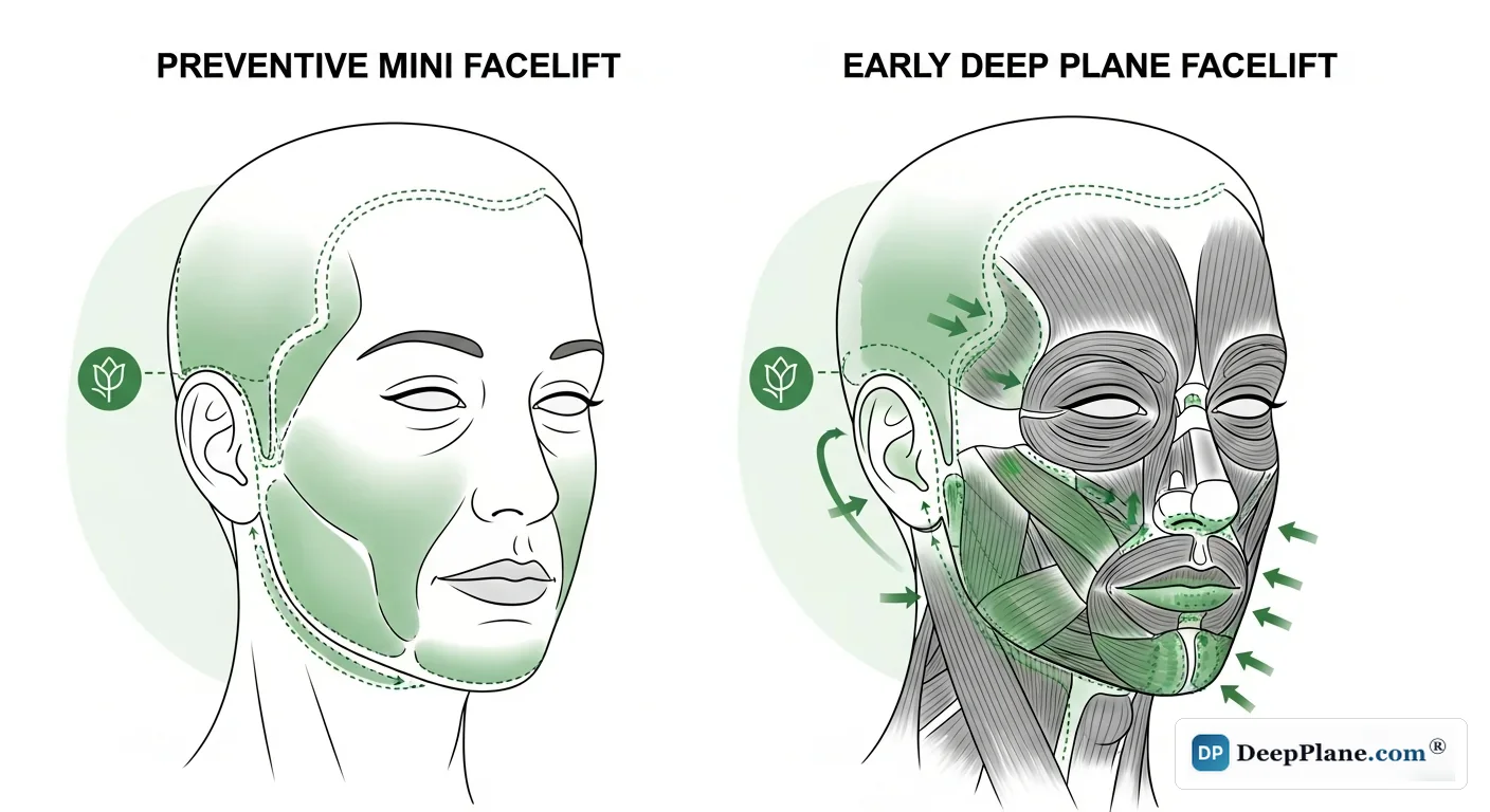 Facelift candidacy for patients in their 30s-40s showing early aging signs: mild jowling, early nasolabial folds, and slight skin laxity