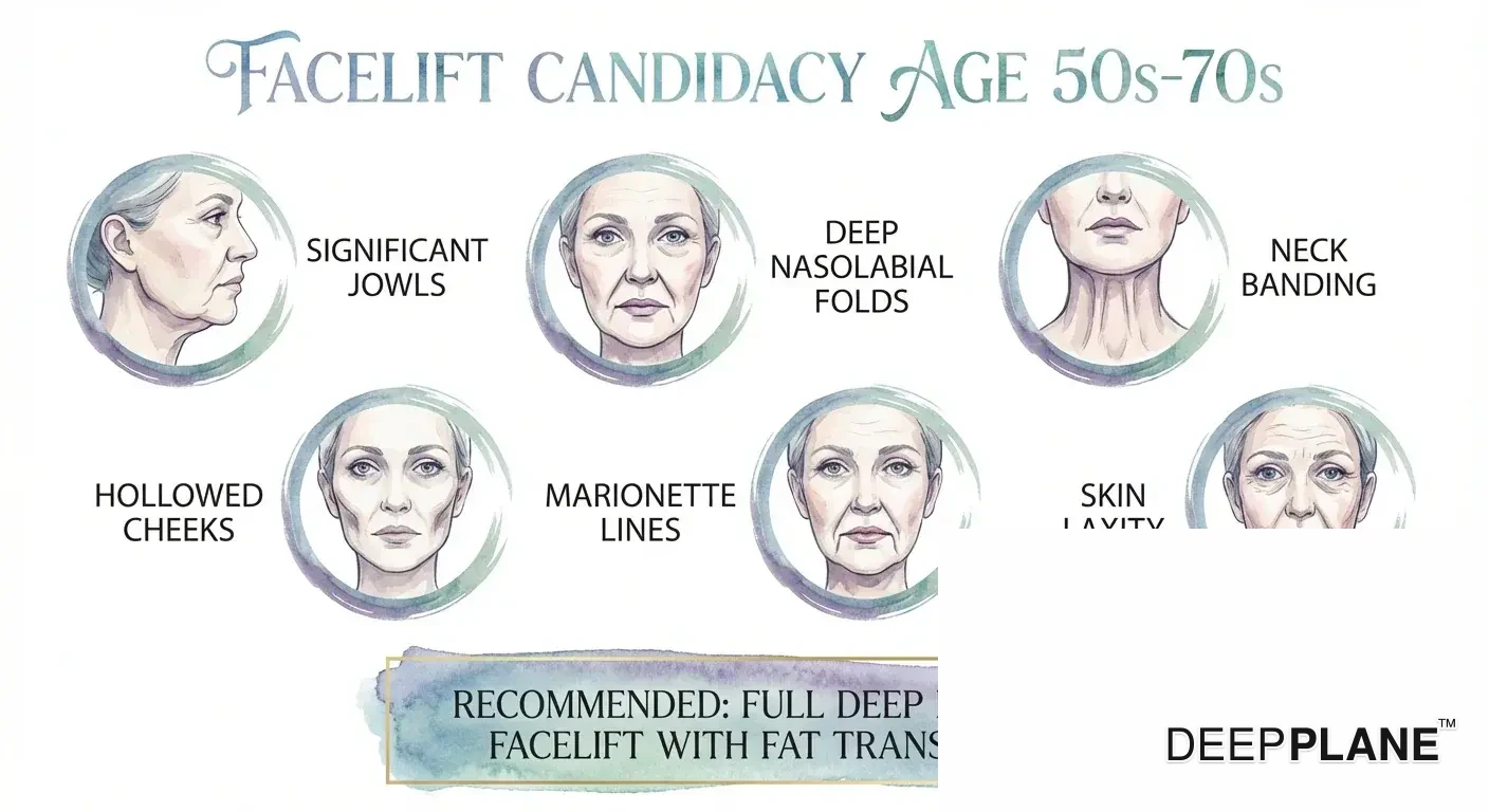 Candidatura al lifting per pazienti tra i 50 e i 70 anni che mostrano invecchiamento avanzato: guance cadenti significative, pieghe profonde, bande sul collo e perdita di volume