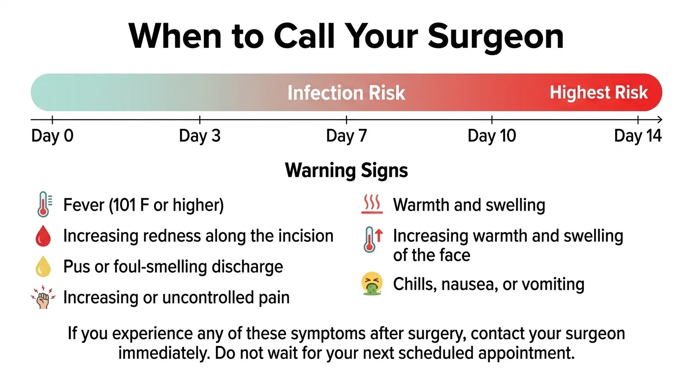 Post-facelift infection warning signs: spreading redness, warmth, drainage, fever above 101°F, and foul odor from incision
